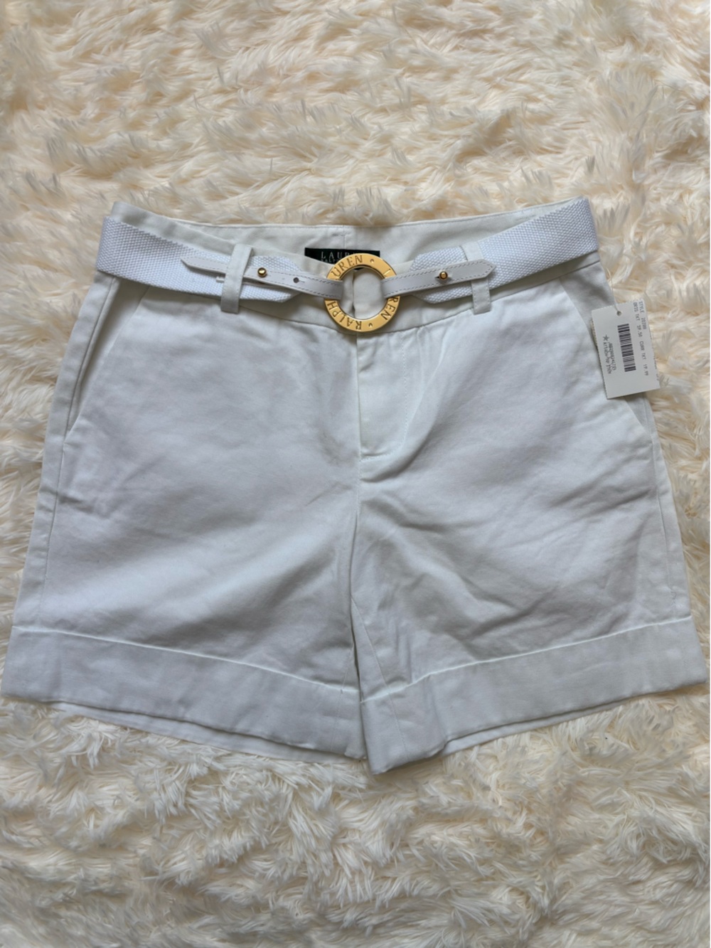Lauren Ralph Lauren Petite Shorts 2P White Cotton Gold Ring Belt NWT